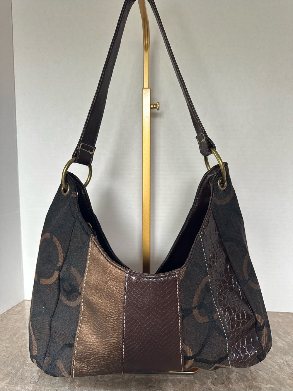 Brown Slouchy Patchwork Hobo Bag Faux Croc Snake Y2K Indie Retro Purse